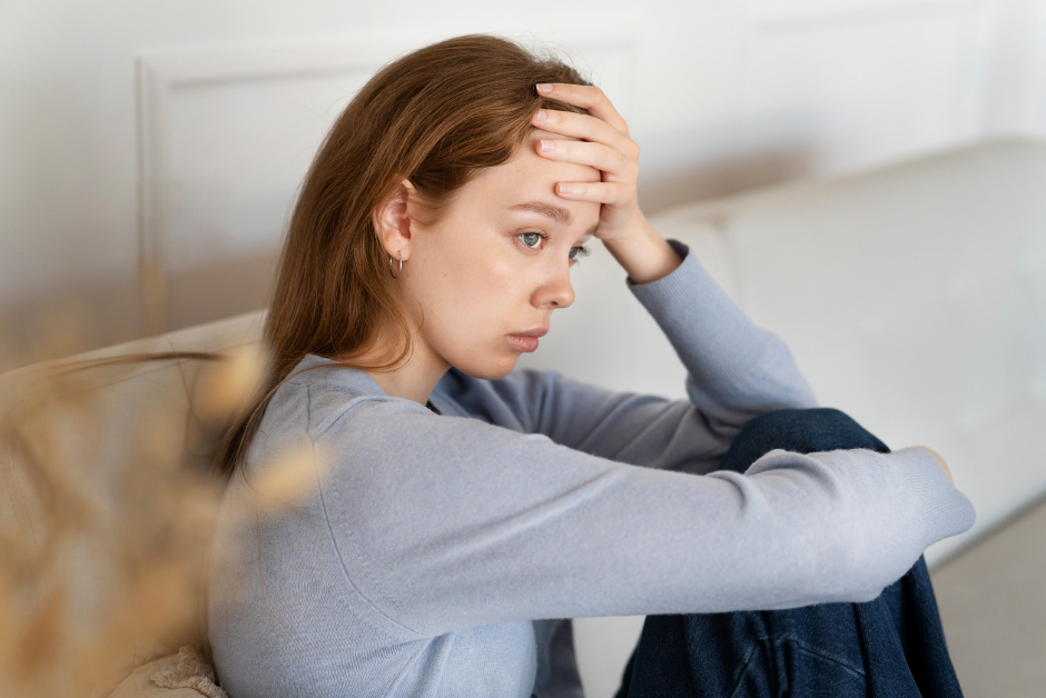 A woman sat with her hand on her head looking worried